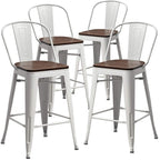 Metal Bar Stools Set of 4,24 Inch Barstools Counter Height Bar Stool with Back Farmhouse Bar Stools with Larger Seat High Back Kitchen Dining Chairs Modern Bar Chairs White Cream Stool