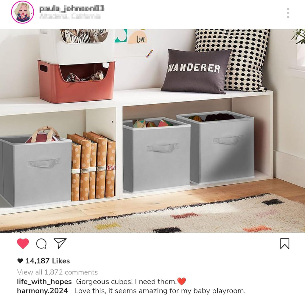 Storage Cubes, 11 Inch Cube Storage Bins for Shelves (10 Pack), Fabric Collapsible Storage Bins with Dual Handles, Foldable Cube Baskets for Clothes, Closet Organizers and Storage Box (Grey)
