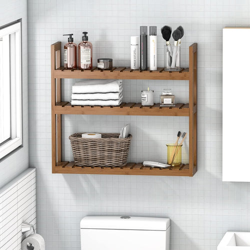 Bathroom Bamboo Shelf Organizer - 3 Tier Storage Shelf with Adjustable Wall Mounted Shelf Rack over Toilet, Use for Bathroom, Kitchen, Living Room (Walnut)
